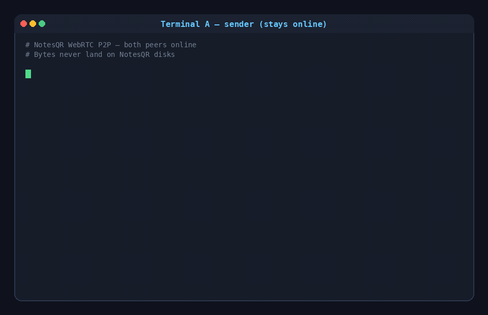 NotesQR CLI demo: WebRTC send, share URL, recv while both online